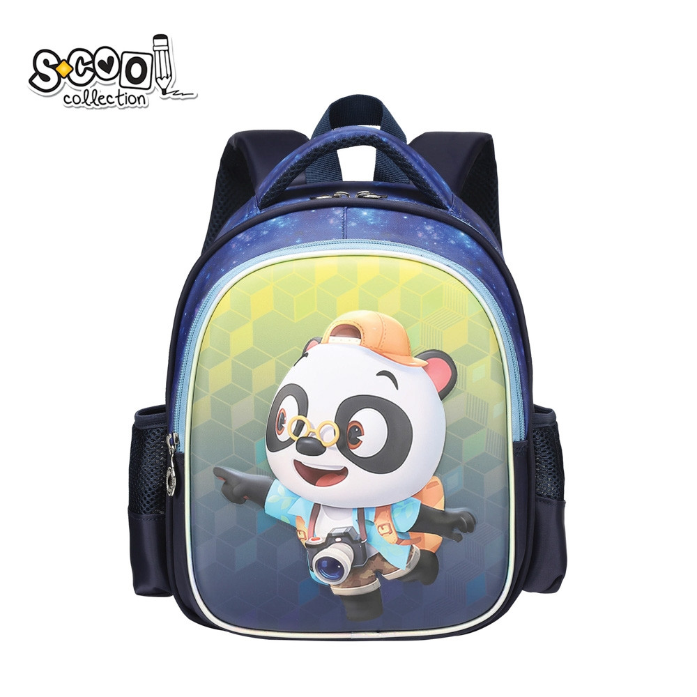 Ghiozdan gradinita, model 3D PANDA, buzunar interior, buzunare laterale din plasa, maner, albastru - imagine 5